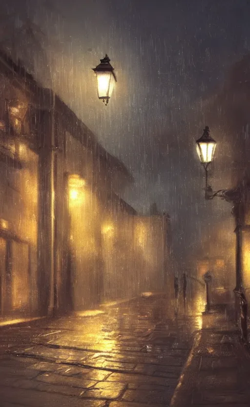 Image similar to a blurry ambient lantern in the distance of a rainy victorian village at night, dynamic lighting, ambient lighting, atmospherical, photorealistic fantasy concept art, trending on art station, stunning visuals, creative, cinematic, ultra detailed