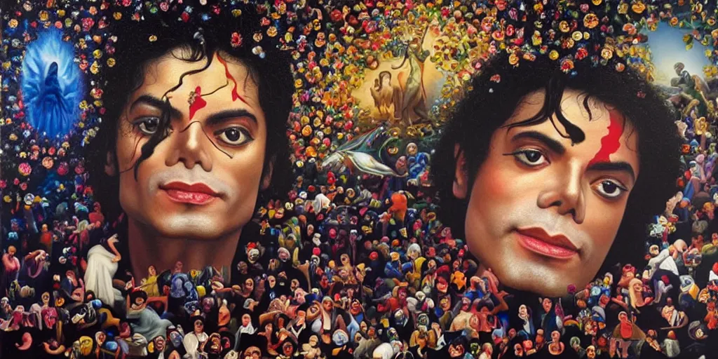 Prompt: rishi sunak and michael jackson in heaven, abstract oil painting by gottfried helnwein pablo amaringo raqib shaw zeiss lens sharp focus high contrast chiaroscuro gold complex intricate bejeweled