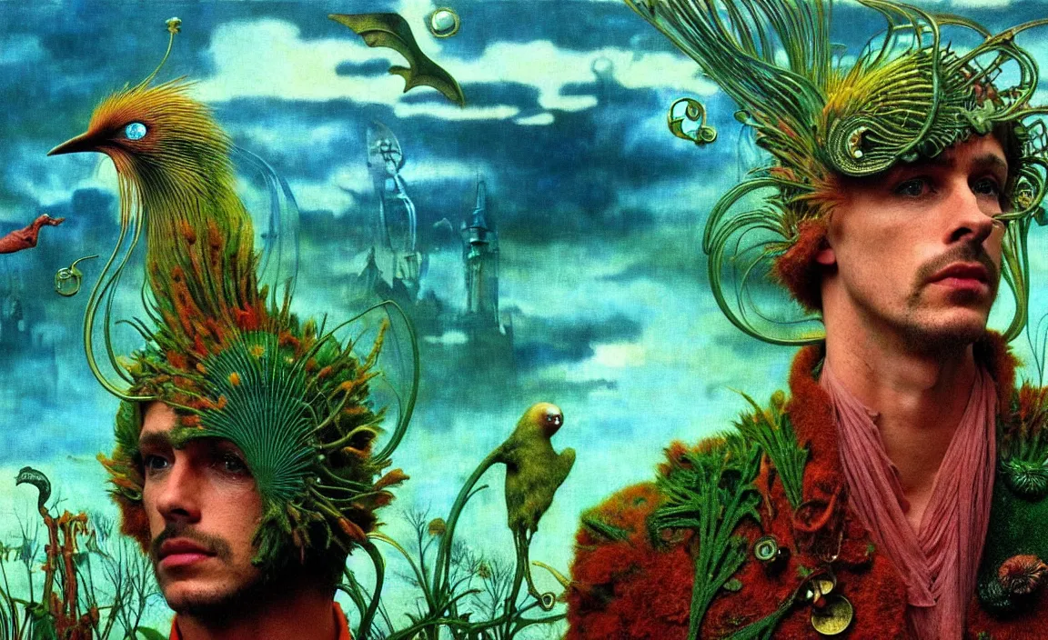 Image similar to realistic detailed portrait movie shot of a birdman wearing green leather coat, sci fi city landscape background by denis villeneuve, amano, yves tanguy, alphonse mucha, ernst haeckel, max ernst, roger dean, masterpiece, rich moody colours, blue eyes, occult