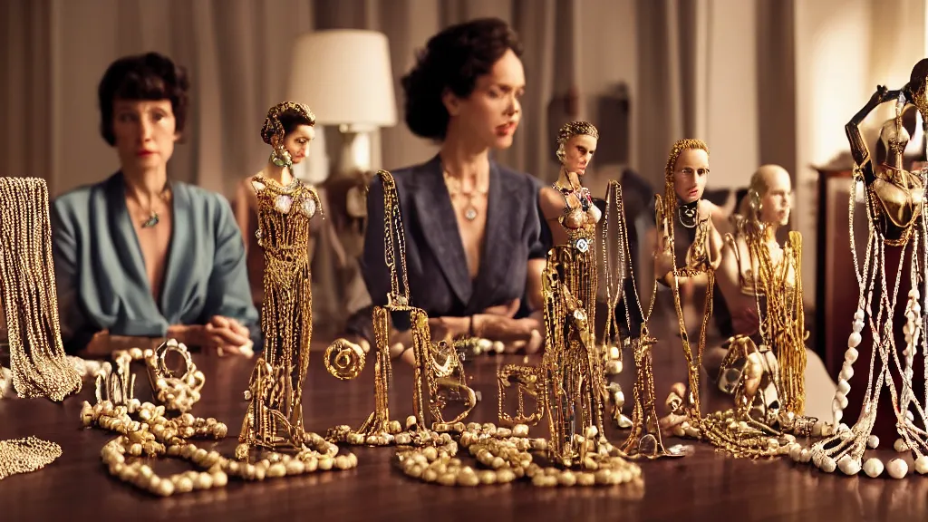 Image similar to a woman made of jewelry stands in the living room, film still from the movie directed by Denis Villeneuve with art direction by Salvador Dalí, wide lens, 4K, realistic