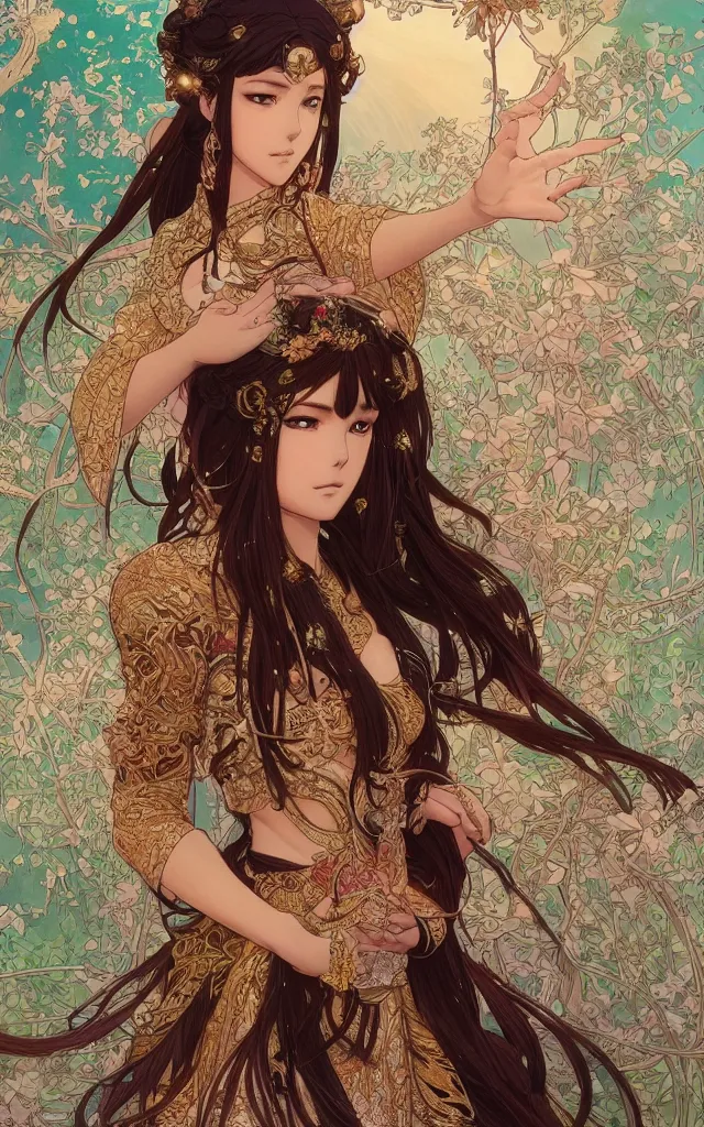 Prompt: anime key visual of amora the enchantress wearing intricate ornate kimono!! intricate, brown skin, magical forest, stunning, highly detailed, digital painting, artstation, smooth, hard focus, illustration, art by artgerm and greg rutkowski and alphonse mucha