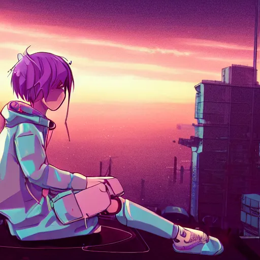 Prompt: android mechanical cyborg anime girl child overlooking overcrowded urban dystopia sitting. Pastel pink clouds baby blue sky. Gigantic future city. Raining. Makoto Shinkai. Wide angle. Distant shot. Purple sunset. Sunset glistening ocean reflection. Pink hair. Pink and white hoodie. Cyberpunk. featured on artstation. robotic wired knee pivot. white sweater.