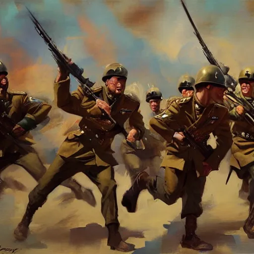 Image similar to greg manchess painting of a group of men charging at the enemy wearing military uniform, painting, trending on artstation, by huang guangjian and gil elvgren and sachin teng