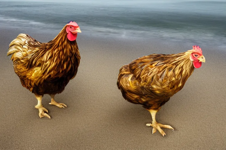 Prompt: photo, old men, two hairy fat ugly fight huge chickens 4 0 1 2 7 on a beach, highly detailed, scary, intricate details, volumetric lighting, front view