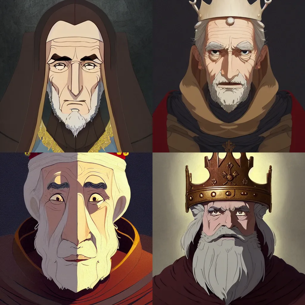 Prompt: portrait of medieval old king, artstation, cartoon, elegant highly detailed digital painting, concept art, smooth, sharp focus, illustration, art by ghibli, makoto shinkai, don bluth, fujita goro, giraud, michel ocelot, tom whalen, atey ghailan, akihiko yoshida, fadeev