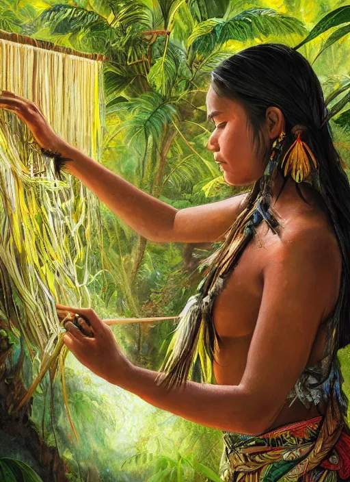 Prompt: a beautiful painting of a young indigenous female crafting a fabric in the jungle, realistic face, ayahuasca, fantasy art style, matte painting, highly detailed