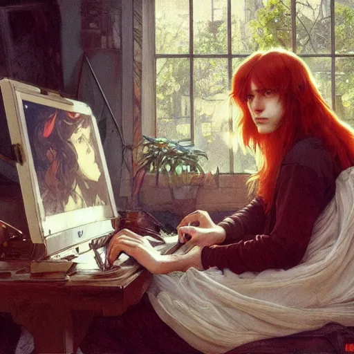 Prompt: a red-haired long-haired teenage boy sitting at a computer, lions around him, painting by artgerm and greg rutkowski and alphonse mucha, smooth sharp focus