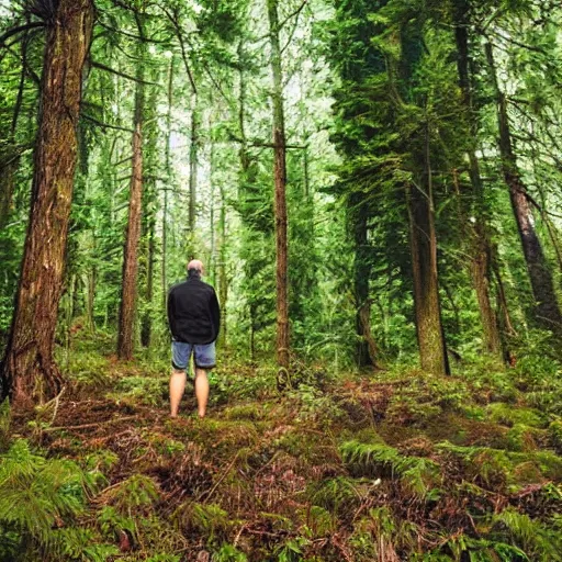 Prompt: a man looking in the forest to see an oversized terrifying creature