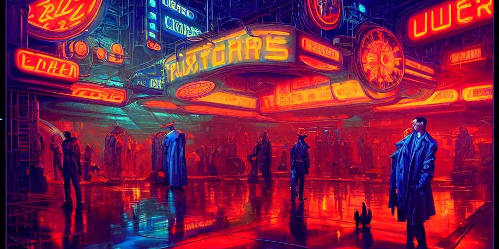 Prompt: concept art, massive retro - futurist ornate exotic market, dramatic neon lighting, glowing industrial motifs, blue accents, bladerunner, by gerald brom, james jean, syd mead, akihiko yoshida, cinematic