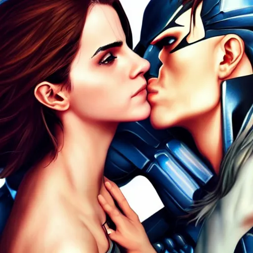 Image similar to emma watson kissing nightwing, realistic, intricate, elegant, art by artgerm and wlop