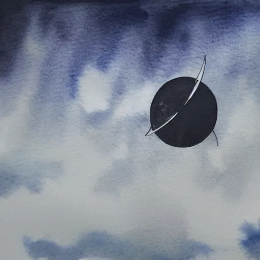 Image similar to high - angle view, from 1 0 0 0 feet in distance, vague uap interstellar vehicle on top of dramatic moody clouds in the sky, muted ink and pearlescent paint. watercolor. minimalist, detailed, muted colors. ue 5