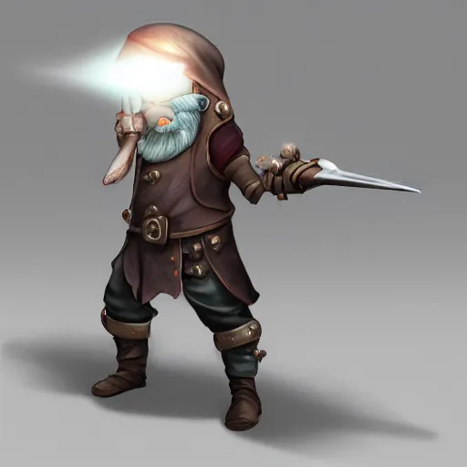 Prompt: artstation fantasy concept of a gnome mechanic, one prosthetic metallic gadget arm, naval background, volumetric lighting