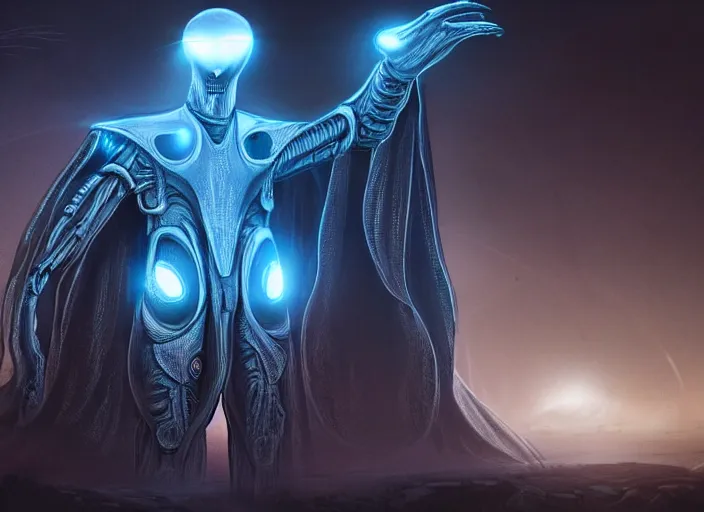 Image similar to medium shot, an alien with beautiful glowing eyes, detailed symmetrical face and skin, wearing a long flowing cloth shirt over stylish large futuristic armor poses beside an outpost with tall detailed structures with lights in the night sky, incredible detail, anamorphic 2 0 mm lens cinematic flare, photorealistic!!!