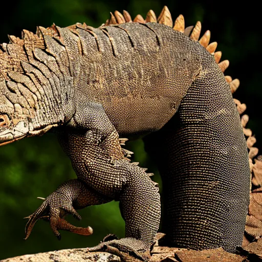 Image similar to a Komodo-Dragon with the armor of a pangolin, national geographic photograph