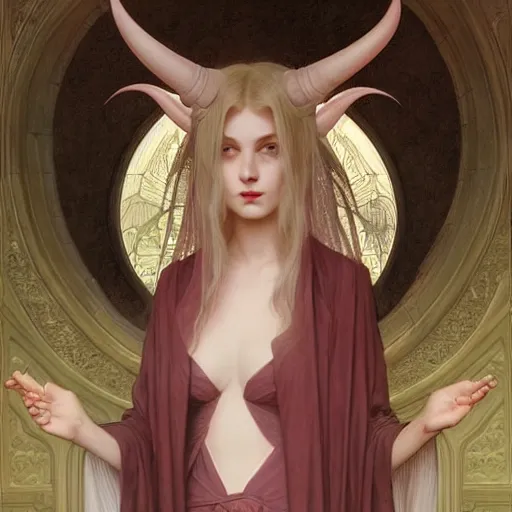 Image similar to Portrait of beautiful pale demonic girl with devil\'s horns and nimbus, cinematic lighting, intricate, elegant, highly detailed, digital painting, artstation, smooth, sharp focus, illustration, art by artgerm and greg rutkowski and alphonse mucha and Wayne Barlowe and william-adolphe bouguereau