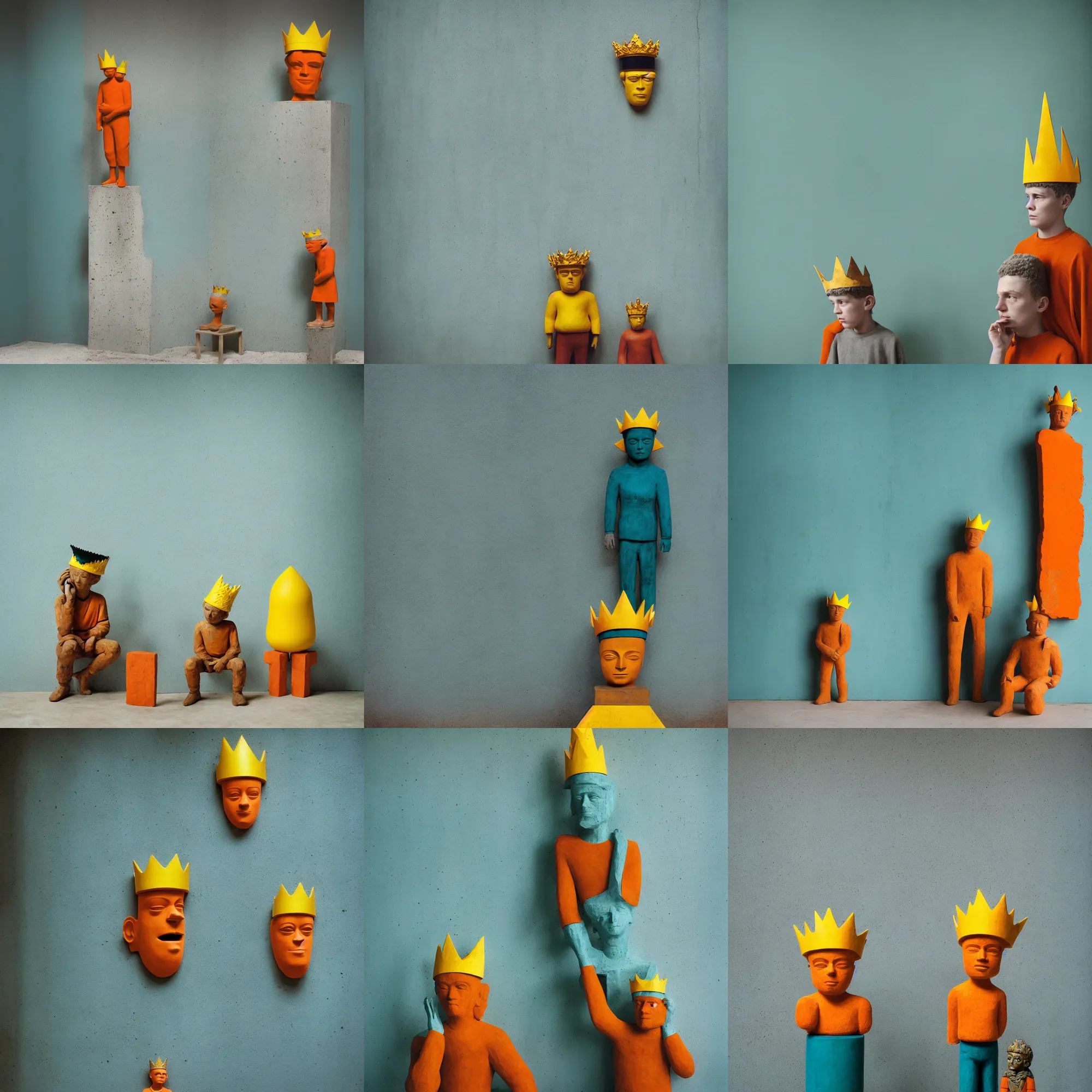 Image similar to kodak portra 4 0 0, 8 k, shot of a highly detailed, britt marling style, colour still - life portrait of a large minimalistic room, rough concrete walls, the rough carved wooden statue of a teal and orange striped little man with a yellow crown on his head, muted colours