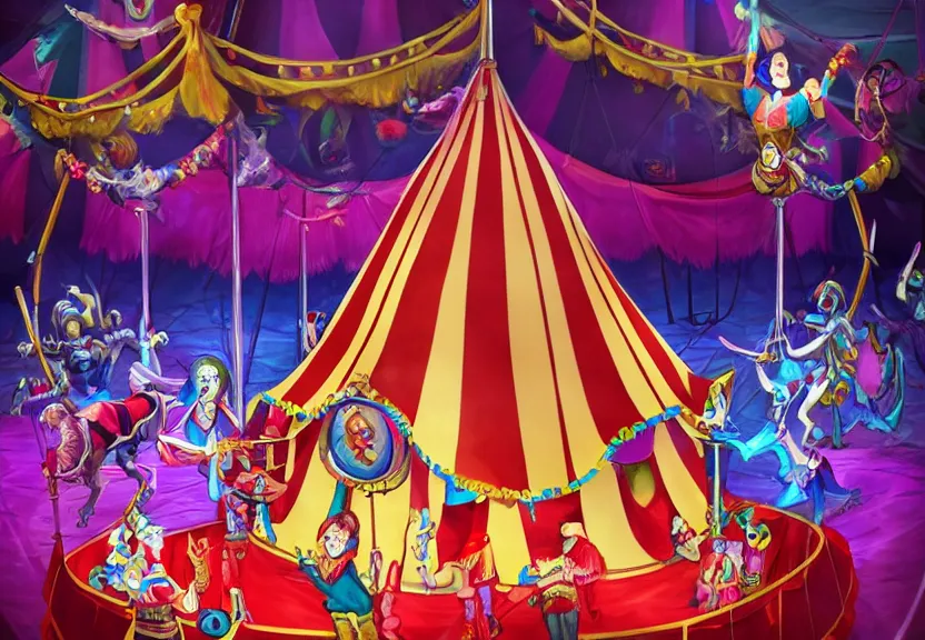 Image similar to a circus tent in an evil carnival in the style of league of legends