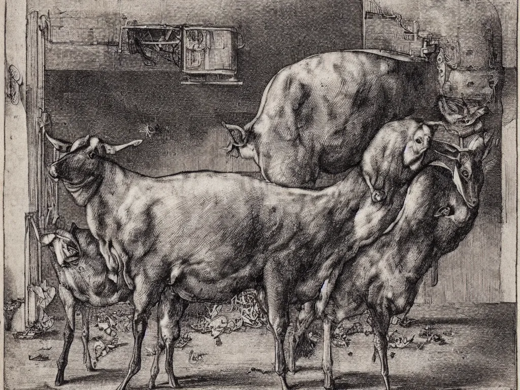 Prompt: portrait of a veal at the slaughterhouse. copper engraving by albrecht durer, walton ford