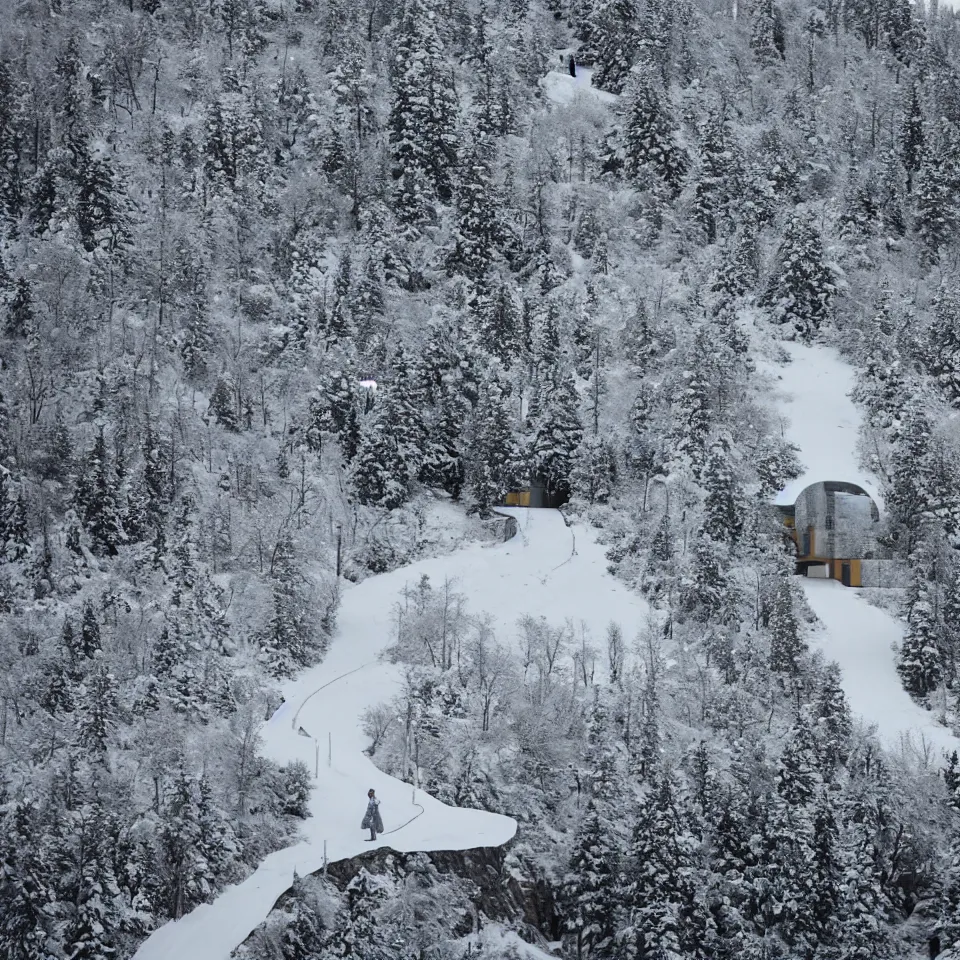 Image similar to a road leading to a mid-century modern house on top of a cliff in the arctic, covered with snow, designed by Frank Gehry, with a long pathway toward it. Big tiles. Film grain, cinematic, yellow hue