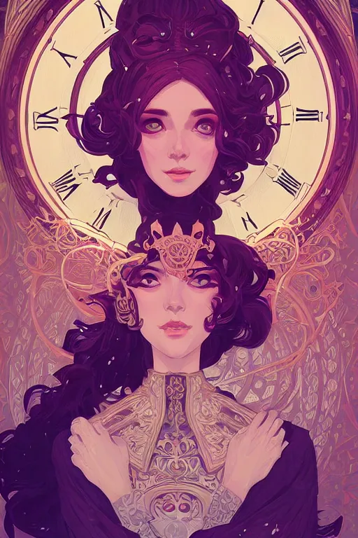 Image similar to portrait of the lady of time, clocks, intricate design, sharp features, detailed background, ambient lighting, 4 k, lois van baarle, ilya kuvshinov, rossdraws, alphonse mucha, jung gi kim, artstation