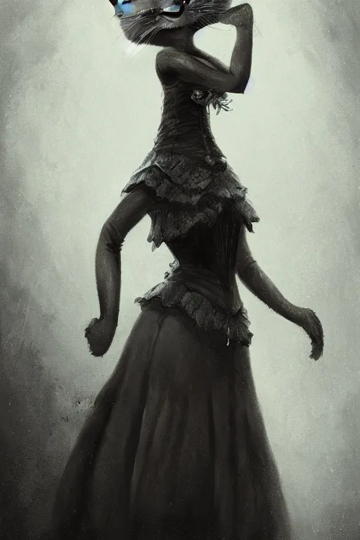 Image similar to wet plate photograph, portrait of an anthropomorphic cat in a victorian - era ballgown, dramatic lighting, highly detailed, digital painting, artstation, concept art, smooth, sharp focus, illustration, art by wlop, mars ravelo and greg rutkowski