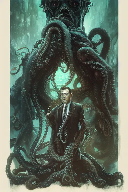 Image similar to , h p lovecraft with octopus tentacles and head of the cthulhu hyperrealistic portrait, bladerunner street, art of elysium by jeremy mann and alphonse mucha and greg rutkowski, fantasy art, photo realistic, dynamic lighting, artstation, poster, volumetric lighting, very detailed face, 4 k, award winning