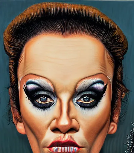 Image similar to a high quality, high detail, portrait of a drag queen by neil welliver, intense look in the eyes, moody, nostalgic