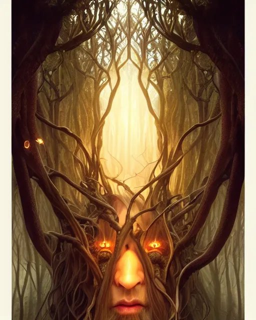 Image similar to symmetry portrait of king of ent of fangorn forest, glam, fae, fireflies, forest background, intricate, elegant, highly detailed, digital painting, artstation, concept art, smooth, sharp focus, illustration, art by artgerm and greg rutkowski and fra angelico and alphons mucha