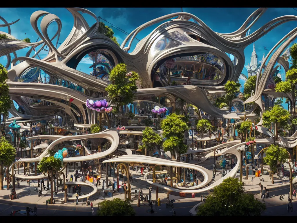 Image similar to a busy elaborate ornate outdoor science museum, cinematic, shadows, 4 k, detailed, by zaha hadid and lisa frank and peter jackson and ridley scott and beeple and greg rutowski