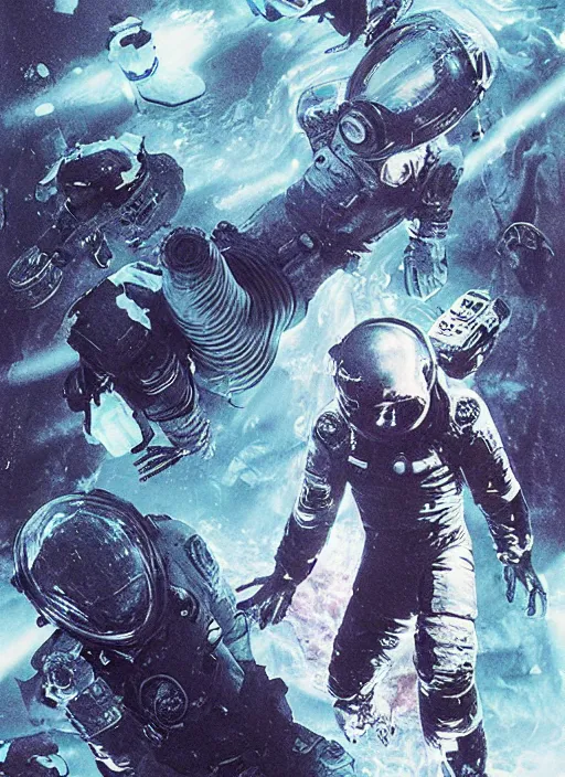 Image similar to astronauts in dark and empty void underwater - complex and hyperdetailed technical suit. reflection and dispersion materials. rays and dispersion of light. volumetric light. 5 0 mm, f / 3 2. noise film photo. flash photography. ultra realistic, wide angle. poster by wayne barlowe, hajime sorayama aaron horkey, craig mullins