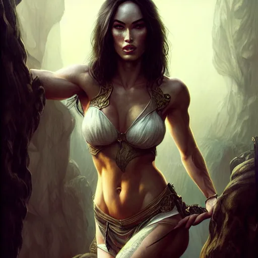 Image similar to portrait of megan fox, muscular upper body, fantasy, intricate, elegant, highly detailed, digital painting, artstation, concept art, matte, sharp focus, illustration, art by aenaluck and roberto ferri and greg rutkowski, epic fantasy, digital painting