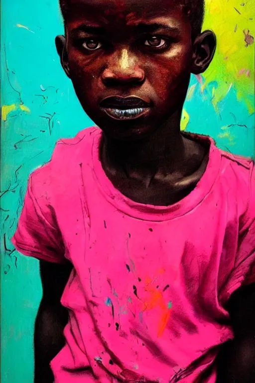 Image similar to portrait of a african young angry boy painted in acrylic, pigment, in the colors hot pink and cyan, beautiful realistic face, rule of thirds, spotlight, by greg rutkowski, by jeremy mann, by francoise nielly, by van gogh, by ross tran, in focus