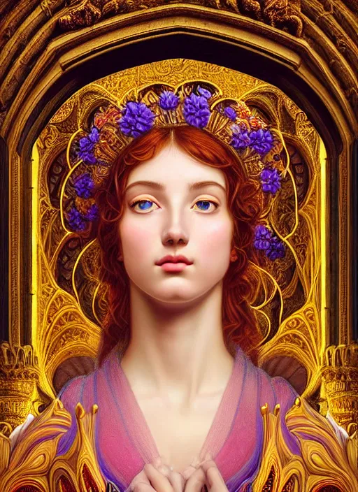 Prompt: portrait of a beautiful young goddess' face merging with a cathedral building, unusual beauty, etheric, outworldly colours, emotionally evoking symbolic metaphors, head in focus, fantasy, ornamental, intricate, elegant, highly detailed digital painting, artstation, concept art, painterly, golden ratio, sharp focus, illustration, art by John William Godward and Raphael and Alphonse Mucha and Zdzisław Beksiński,