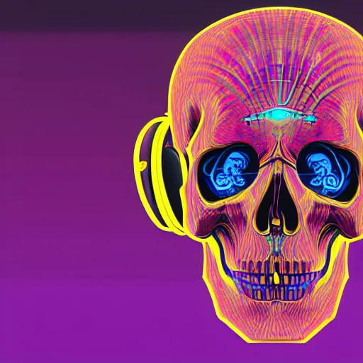 Prompt: human skull with headphones, retrowave, synthwave, psychedelic background with sacred geomerty elements in style of alex gray, digital art, artstation