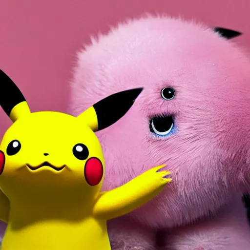 Image similar to pikachu taking a bite out of jigglypuff, national geographic photo, photo realistic, hyperrealistic, wildlife photo, 4 k, ultra detailed