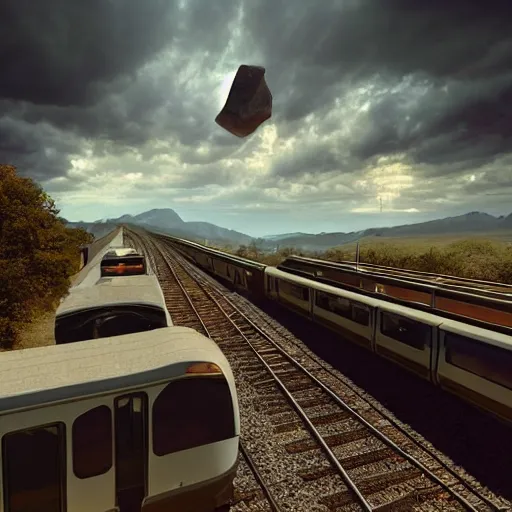 Image similar to man in train throws rocks to cars highway, dramatic lighting, 3 d render, photorealism, unreal engine, art by michael whelan and chris moore and howard david johnson and tim white and dan giancola
