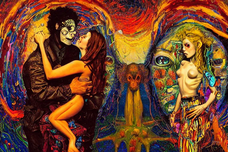 Prompt: expressionism painting of two lovers, channeling third eye energy, surrounded by a background of dark cyber mystic garden of earthly delights, midnight hour, painted part by francis bacon, part by josan gonzales, part by dan mumford, part by norman rockwell, part by gustave moreau, artstation, 4K, highly detailed,