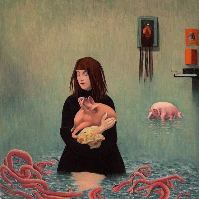 Prompt: tall female emo artist holding a pig in her flooded bathroom, octopus, water gushing from ceiling, painting of flood waters inside an artist's bathroom, a river flooding indoors, pomegranates, pigs, ikebana, zen, water, river, rapids, waterfall, canoe, berries, acrylic on canvas, surrealist, by magritte and monet