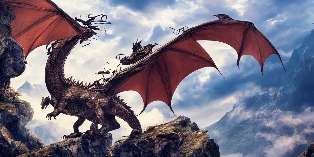 Prompt: A dragon with half open wings on the top of a mountain, epic composition, detailed and intricate image, cinematic, 4K
