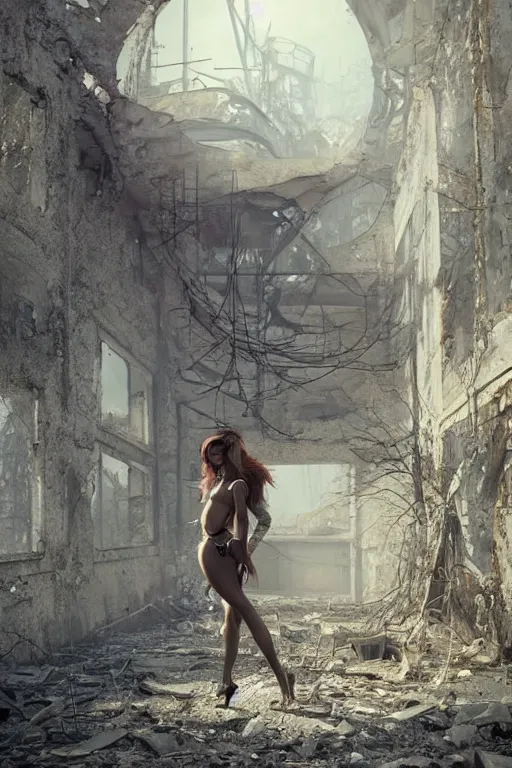 Image similar to cute nymph girl posing in the ruins of chernobyl, by greg rutkowski and raymond swanland, sharp focus, trending on artstation, cinematic lighting