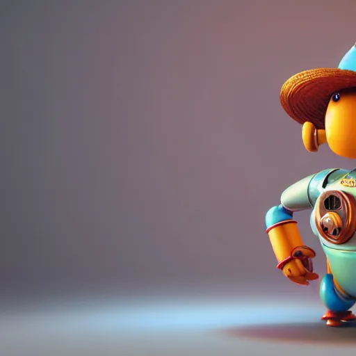 Prompt: full body portrait of a round robot with a moustache wearing hat, painting a canvas, big head, high detail, beautiful light, depth of field, sharp focus, clean design, 4 k, pixar, colorful, octane render
