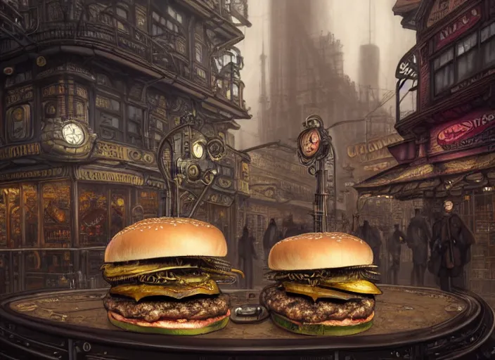 Image similar to an intricately detailed digital illustration of a steampunk metropolitan city - scape inside of a steampunk double bacon cheeseburger, ultra realistic, concept art, intricate details, eerie, highly detailed, photorealistic, octane render, 8 k, unreal engine. art by artgerm and greg rutkowski and charlie bowater and magali villeneuve and alphonse mucha