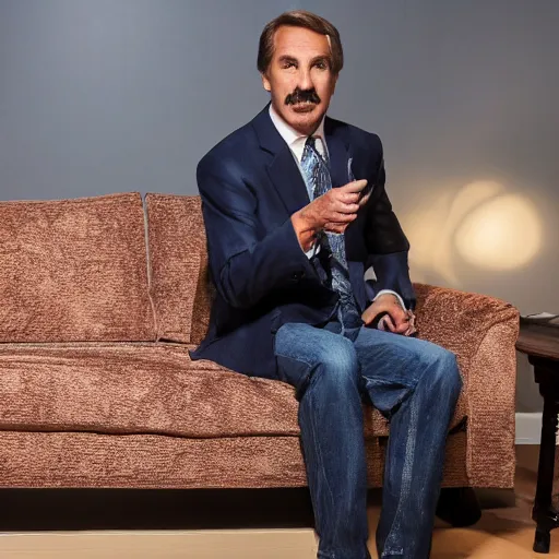 Image similar to mike lindell on disgusting couch smoking crack