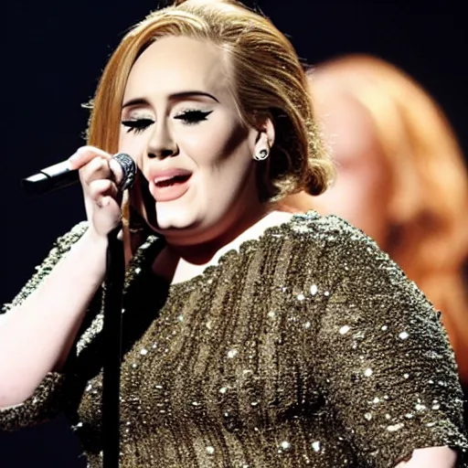 Image similar to Adele with Danny Devito face transplant, concert, live performance, full body shot