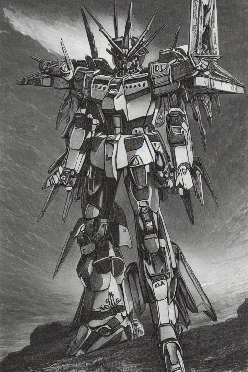 Prompt: portrait of a Gundam by Gustave Dore