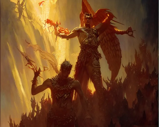 Image similar to attractive lucifer morning star summons death of the endless. highly detailed painting by gaston bussiere, craig mullins, j. c. leyendecker 8 k