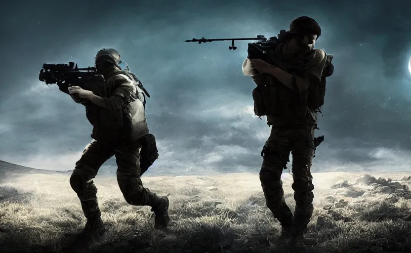 Image similar to a blind sniper, digital art, game cinematic, epic composition, moonlit, blue rimlighting, high fov