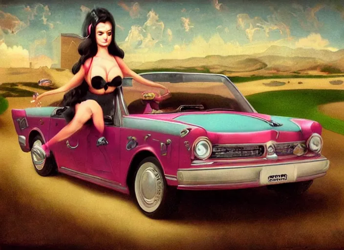 Prompt: the world inside a car, lisa ann, lowbrow, matte painting, 3 - d highly detailed, in the style of mark ryden,