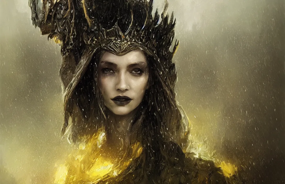 Image similar to a realistic detail portrait of a beautiful queen in middle earth, raining, mist, magic, dragon, goth by Julian calle, wlop, greg rutkowski, Finnian MacManus, Trending on artstation, black and yellow scheme, 8k, RE Engine