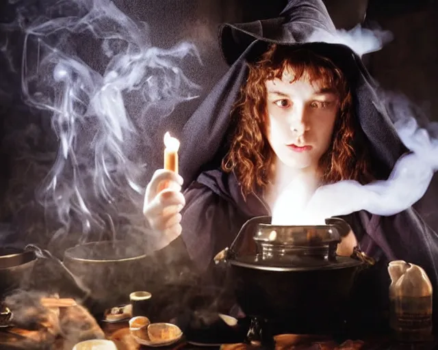 Image similar to close up portrait, dramatic lighting, concentration, calm confident teen witch and her cat mixing a spell in a cauldron, a little smoke fills the air, a witch hat and cape, a little green smoke is coming out of the cauldron, ingredients on the table, apothecary shelves in the background, still from harry potter